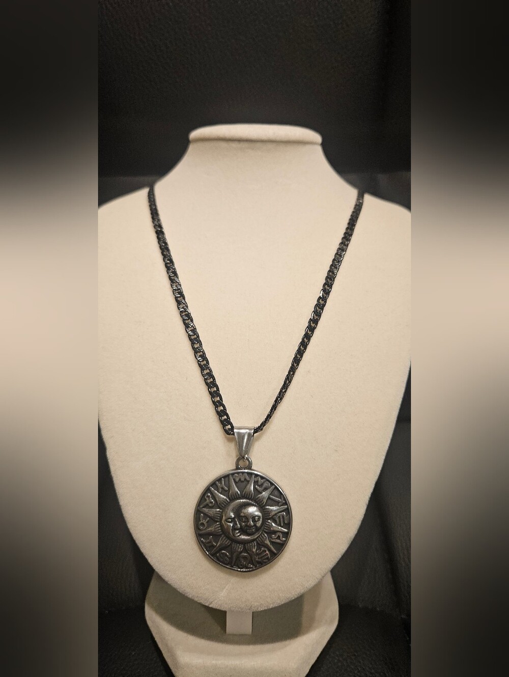 Sun and Moon Medallion Pendant Necklace - Black Chain